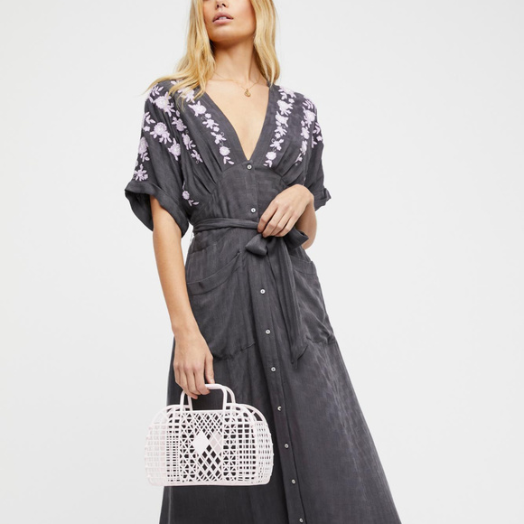 FREE PEOPLE Embroidered Tie Waist Midi Dress - Picture 2 of 7